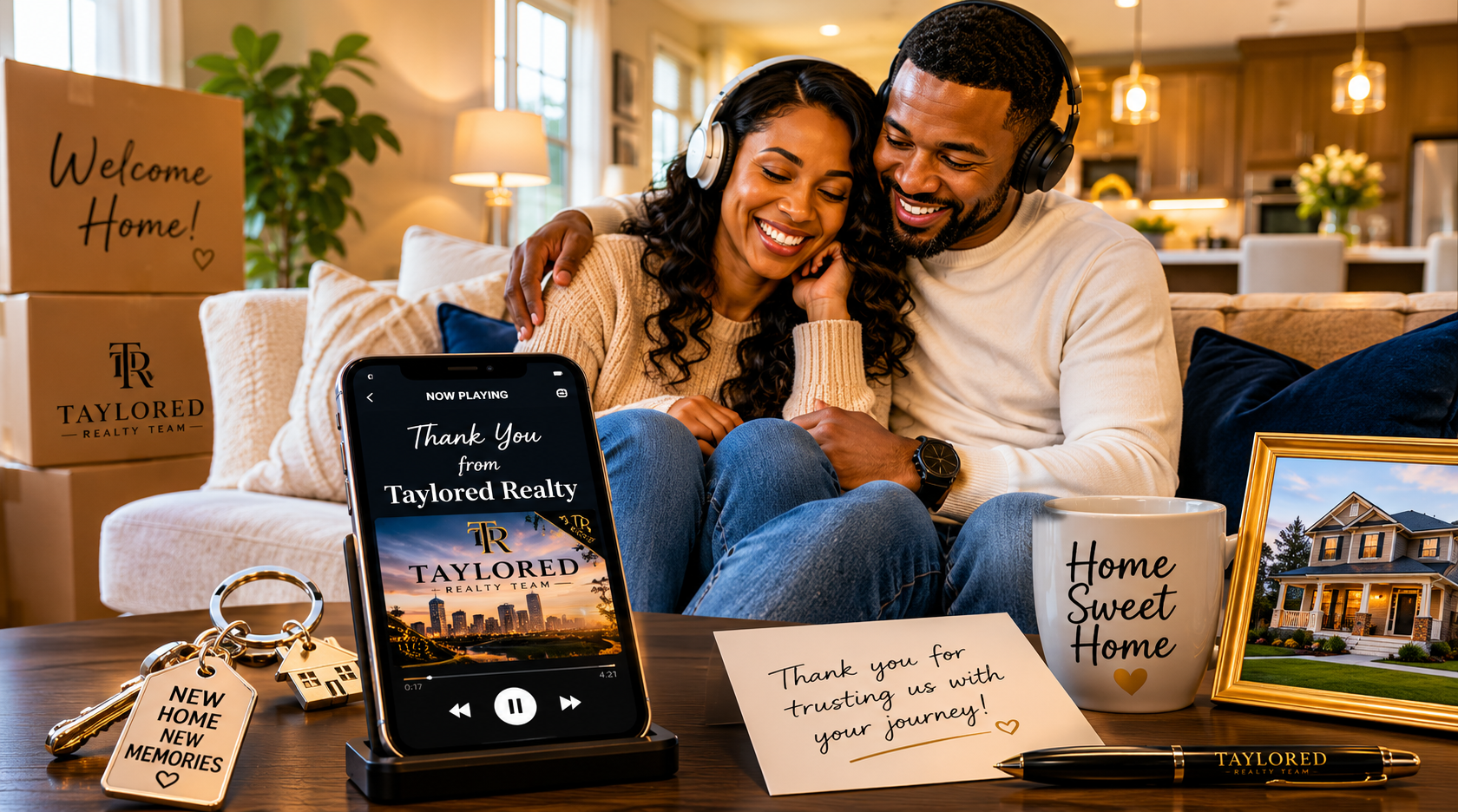 Couple in their new home listening to a personalized realtor appreciation song